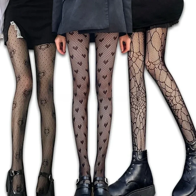 Gothic Lace Stockings Mesh Tights Y2k Women Black White Fishnets Pantyhose Sexy Lingerie Heart Cosplay Lolita Leggings for Girls