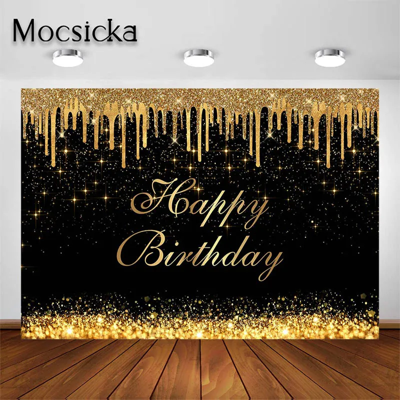 Mocsicka Golden Backdrop for Women Happy Birthday Party Decorations Black and Glitter Gold Photography Banckground Banners Props