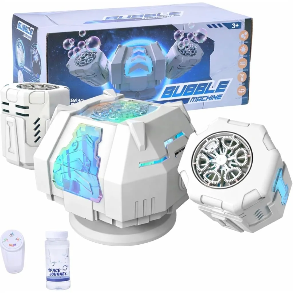 

Mecha Bubble Machine, Rechargeable Type-C, Remote Control, 360° Rotating & RGB Lights, 35k+ Bubbles/Min for Kids Parties