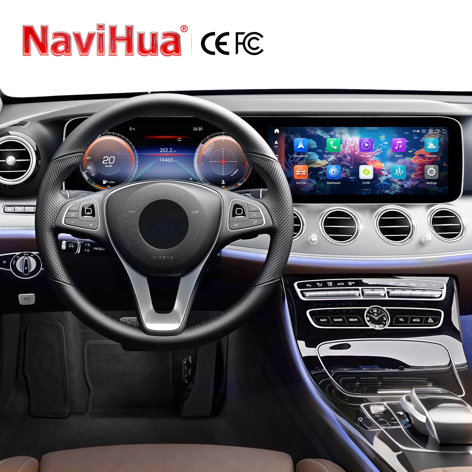 

Новый обновленный двойной экран Navihua для Mercedes-Benz E-класса W213 2016-2018: Android автомагнитола, GPS-навигация, ЖК-приборная панель