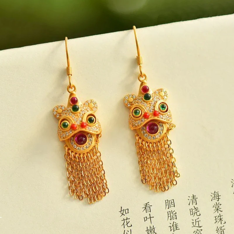 Ancient gold craft inlay wake up lion tassel earrings for women luxury ethnic style retro wedding Hanfu jewelry accessories