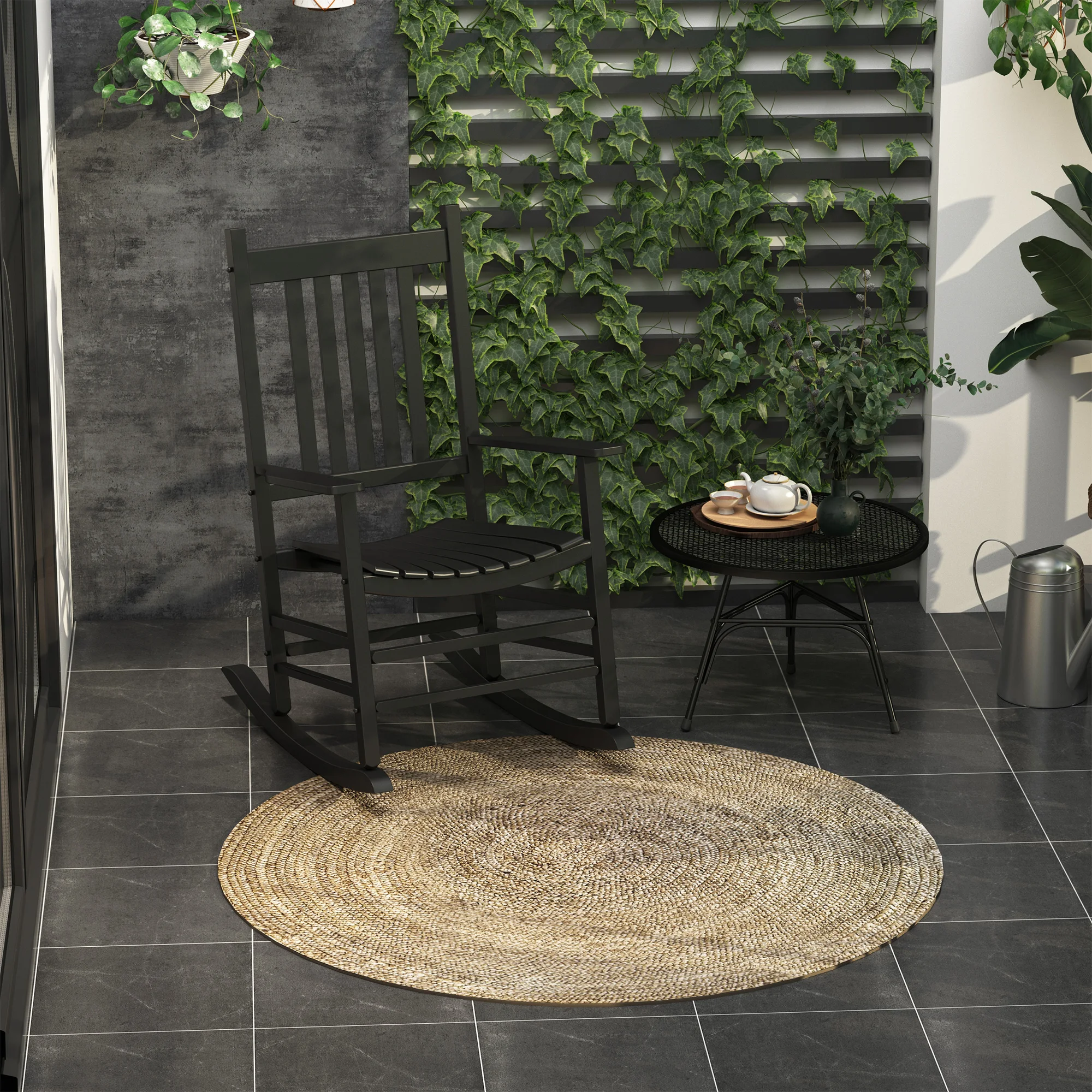 Outdoor Rocking Chair, Wooden Rustic High Back All Weather Rocker, Slatted for Indoor, Backyard & Patio, Black