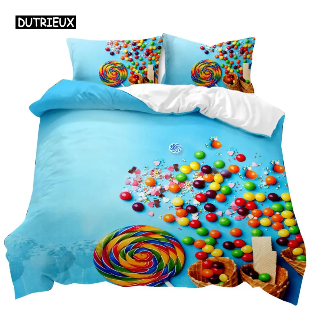 Dessert Duvet Cover Set Colorful Lollipops Bedding Set Chocolate Sugar Bedding Set Colored Candy Snacks Polyester Quilt Cover