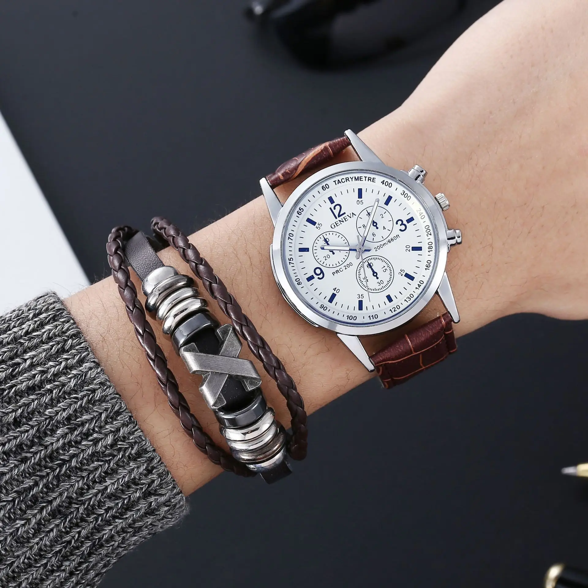 

2PCS Set Fashion Mens Calendar Watches Luxury Male Business Casual Brown Leather Quartz Watch Men Bracelet Wrist Watch