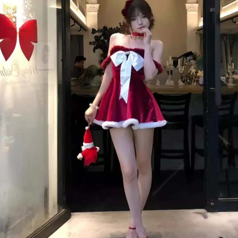 Christmas Red Sexy Dress with Bow Tie Neckwear Full Set for Women Xmas Party Costume Sweet Dance Clothes New Year