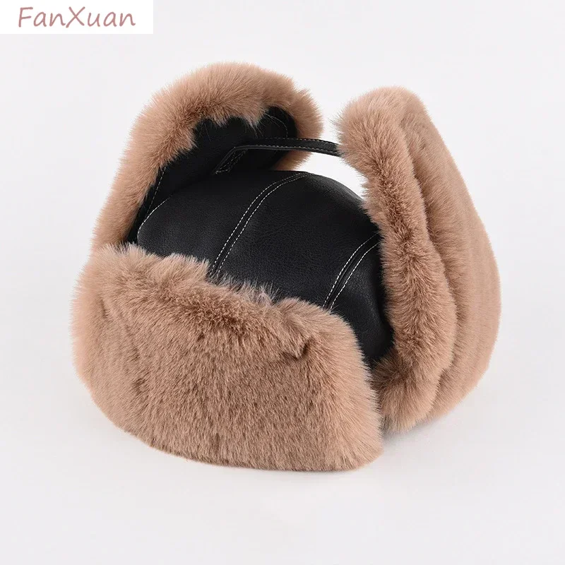 Faux Fur Leather Bomber Hats with Earflaps Trapper Winter Aviator Hat for Men Women Thick Warm Ski Cap Russian Ushanka