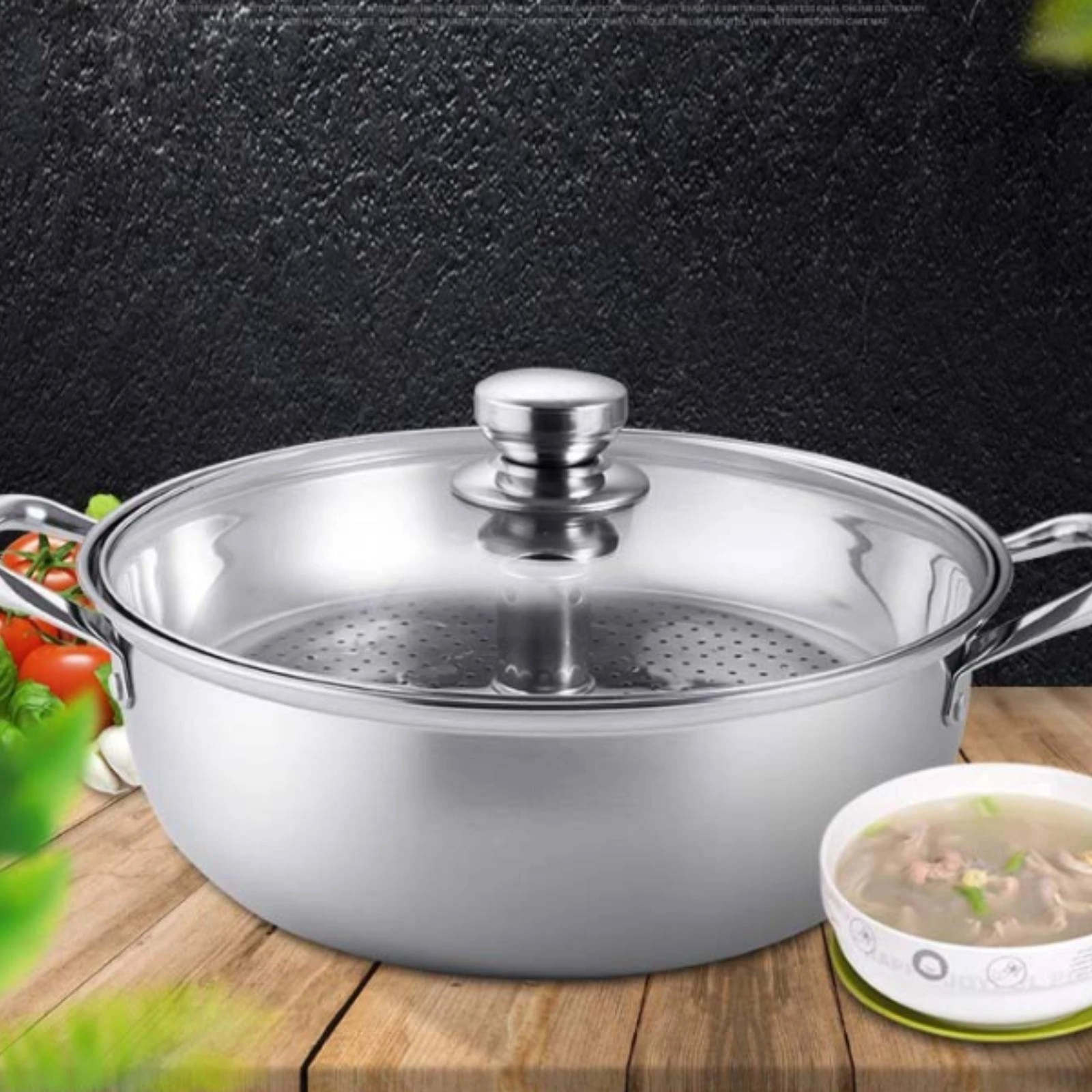 

Stainless Steel Steamer Pot Polished Silver Glass Lid Steamer Pot Kitchen Cookware Stay-Cool Handles Induction Compatible