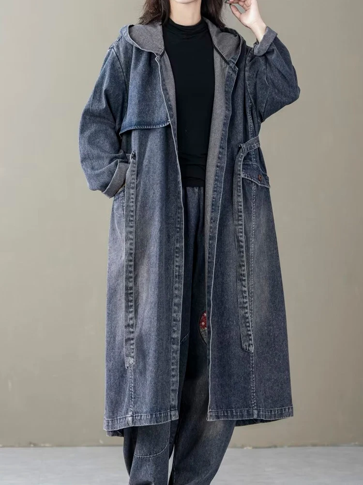 Max LuLu 2024 Korean Ladies Fashion Denim Hooded Belt Trench Loose Vintage Coats Womens Luxury Classic Long Casual Windbreakers