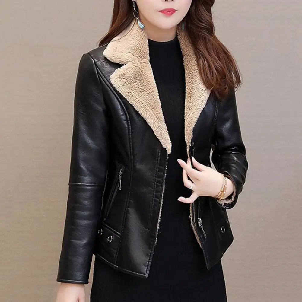 Warm Winter Jacket Stylish Fall Winter Women\'s Plush Faux Leather Jacket with Zipper Pockets Warm Slim Fit Cardigan Coat for A