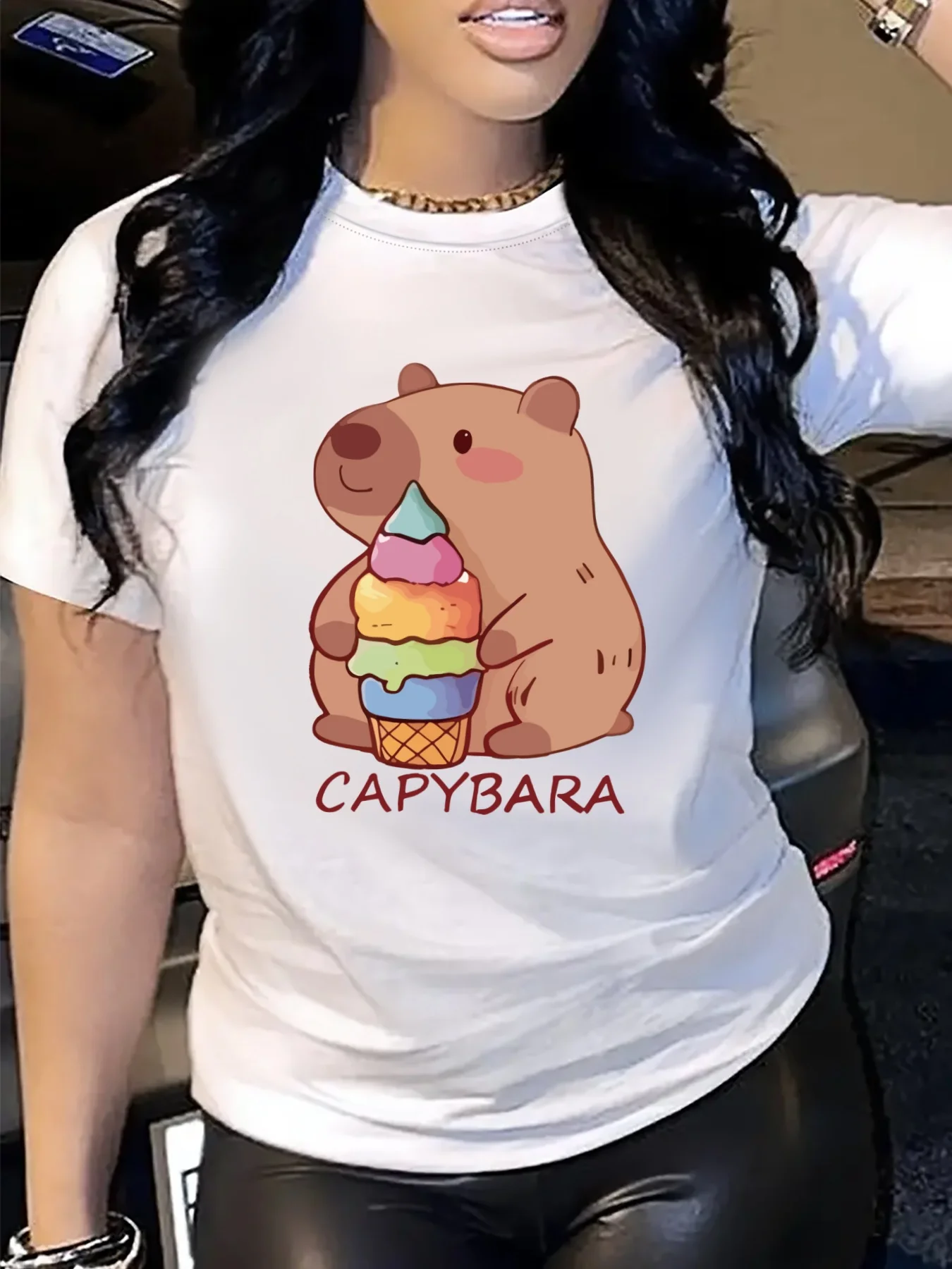 

Women Capybara Kapibara Cartoon Print T-Shirt Round Neck Short Sleeve Cotton Tee Retro Hip Hop Y2k T-shirt Summer Women Clothing