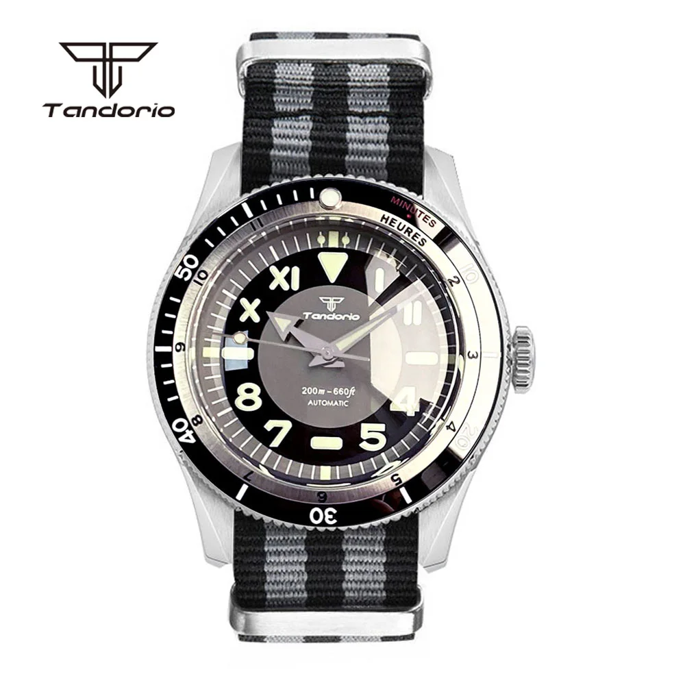 Tandorio Mechanical 40mm Automatic Steel Watch Double Domed Sapphire Luminous California Dial NH35A PT5000 20BAR Dive Wristwatch