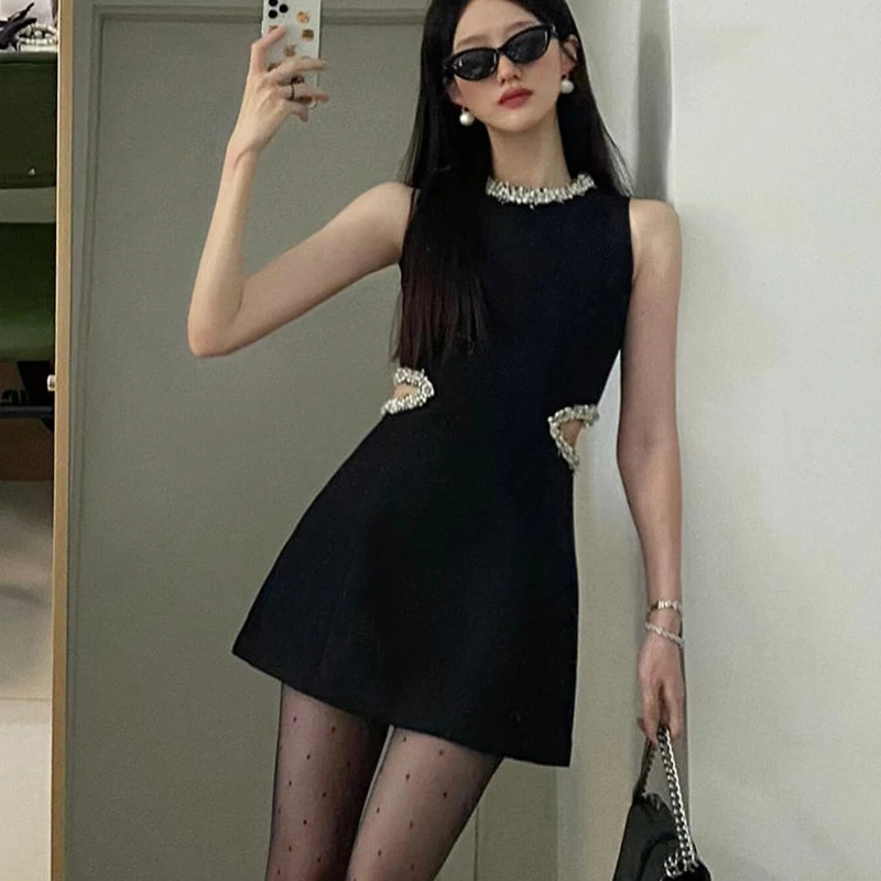 Kralen Borduren O Hals Jurk Vrouwen Zwart Sexy Slanke Mouwloze Klassieke Jurk Premium Werkkleding Elegantie Uitgesneden Vestidos