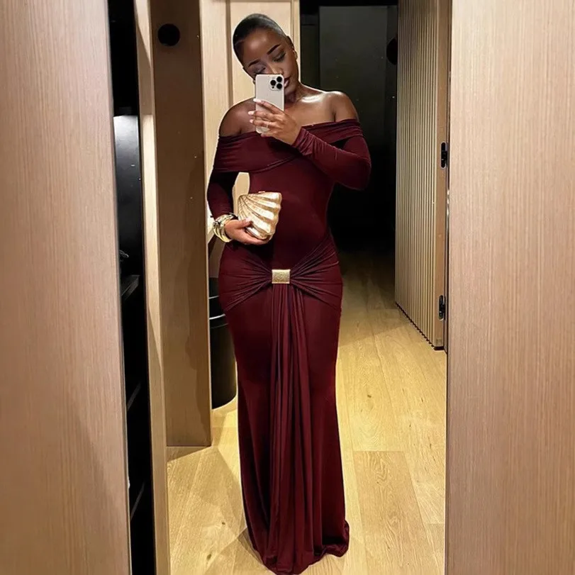 Off Shoulder Long Sleeve High Waist Maxi Dress for Wedding Guest Elegant Party Prom Wedding Party Solid Color Metallic Buckle