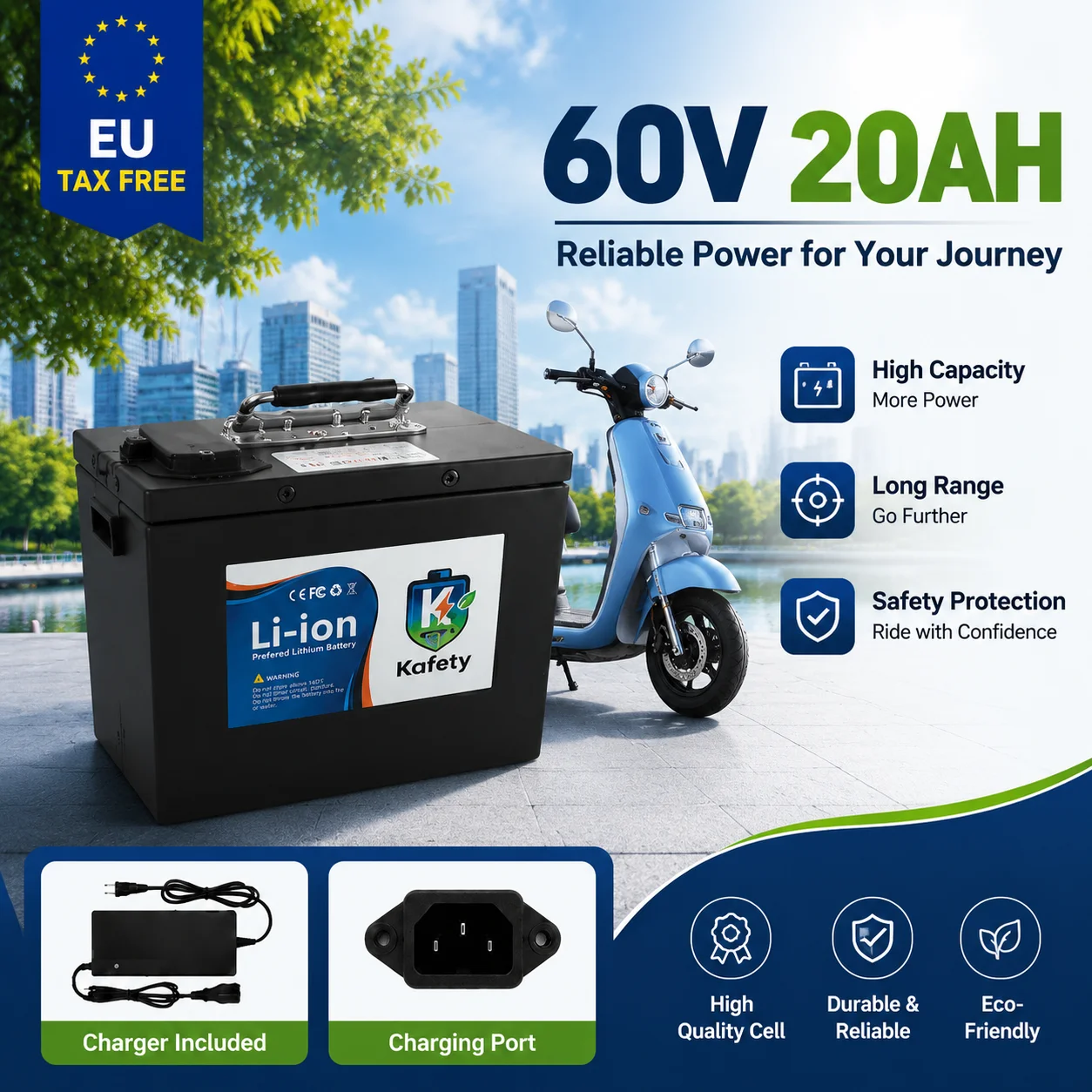 Image of 60V Lithium-Ionen-Akku-Pack 18650 Zellen 20AH, eingebaute BMS-Platine, kompatibel mit 500W-3000W Elektromotoren für Roller, inklusive Ladegerät
