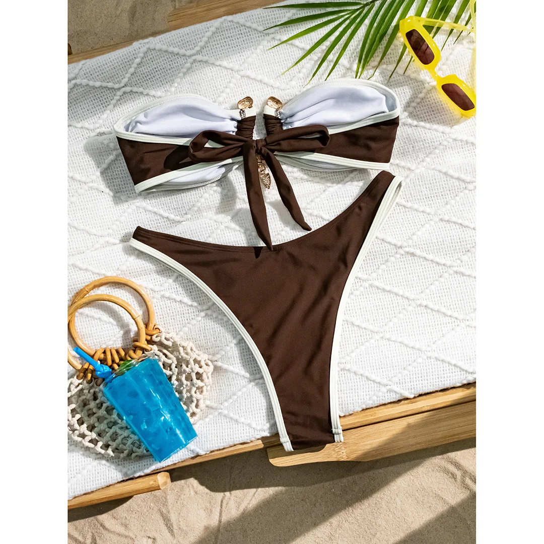 Bandeau-Splicing-Bikini mit Metallring, brasilianischer Bikini, Damen-Badebekleidung, zweiteiliger Bikini-Set, Badeanzug, Badebekleidung, Schwimmbikini V5651 – Detail 19