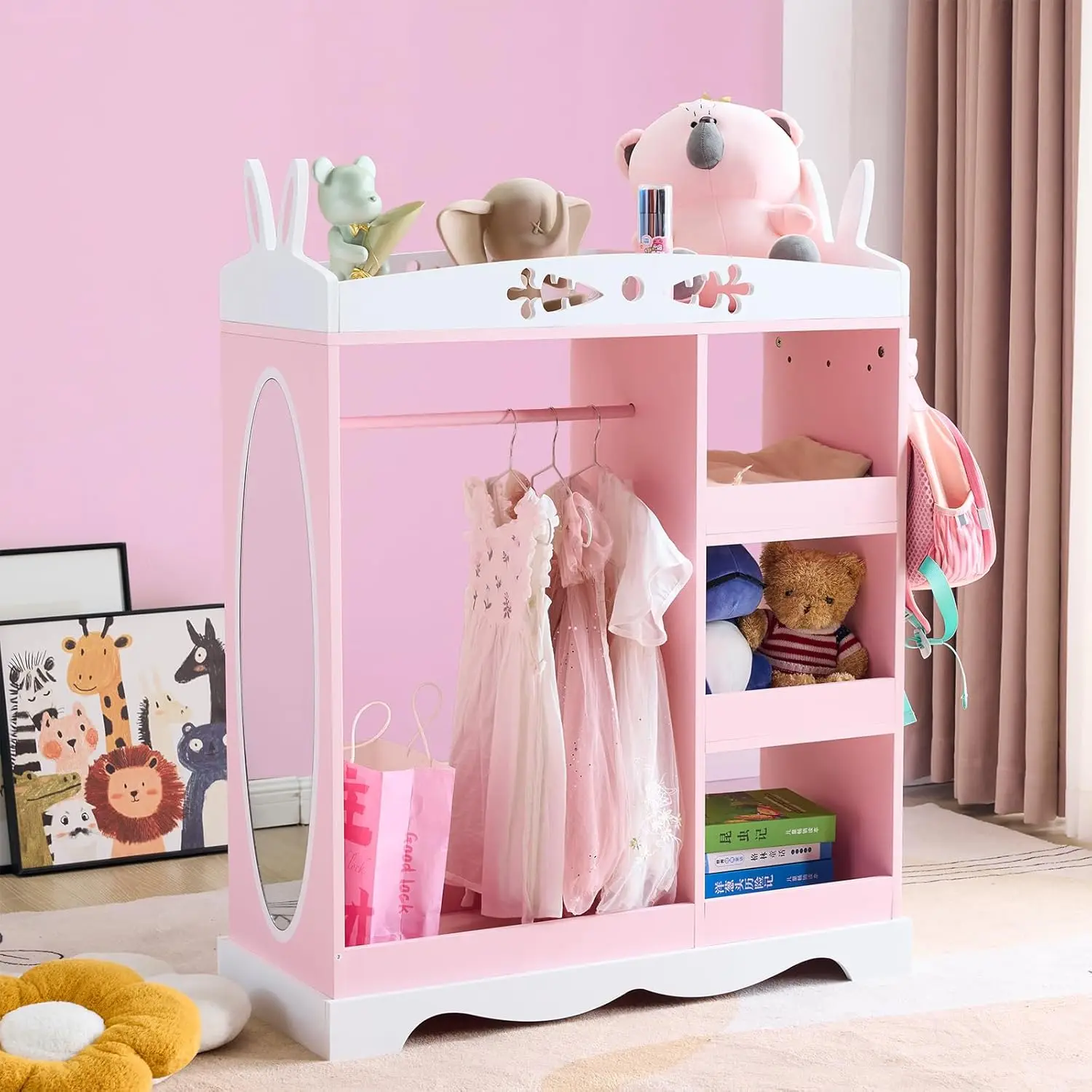 

Rabbit Kids Dress Up Storage Mirror Wardrobe 3 Hooks Open Closet Shelves Nursery Playroom Customized