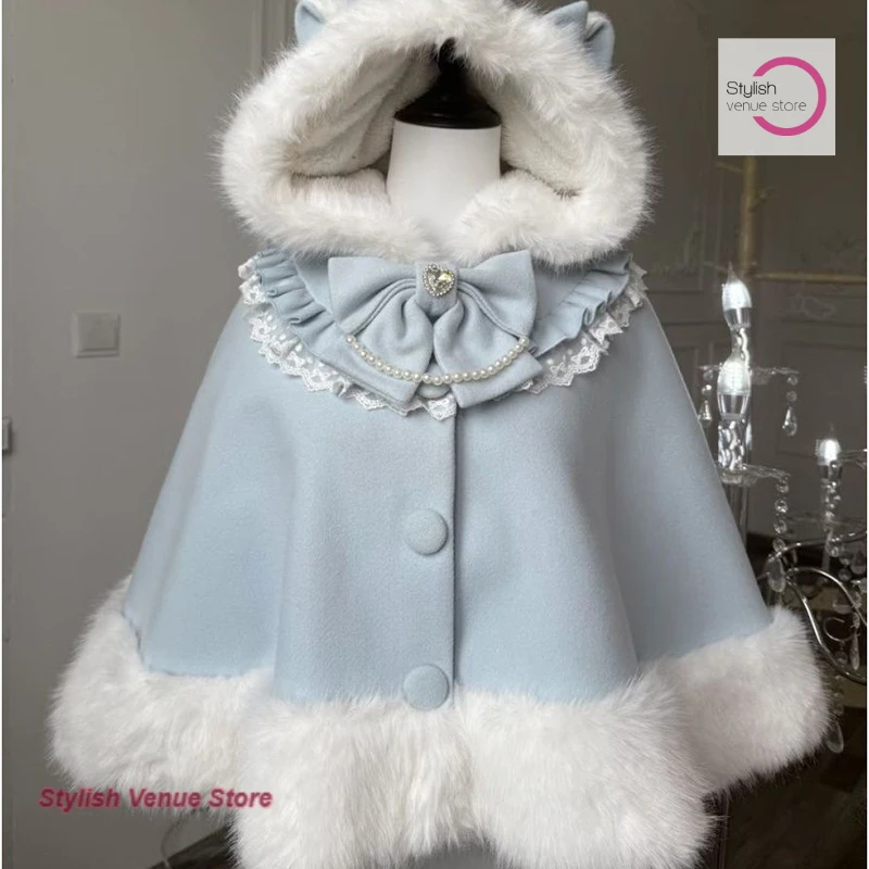 Japanese cat ear cloak cute Lolita woolen cloak shawl coat women's autumn and winter new fashion sweet warm plush Joker coat