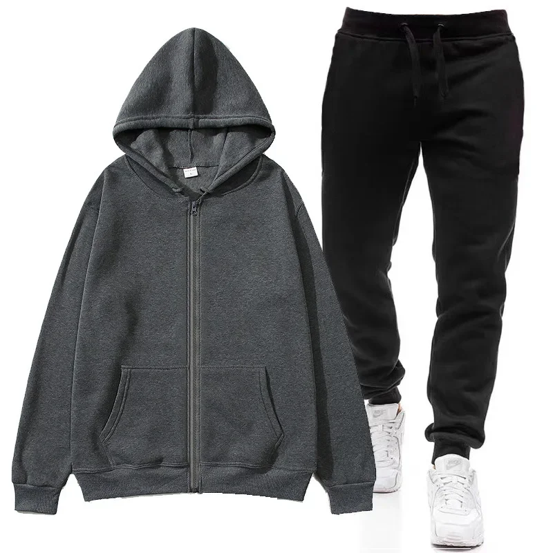 2025 autumn and winter men's new warm sports suit, women's warm zipper hooded sweatshirt+pants two-piece set, running casual spo