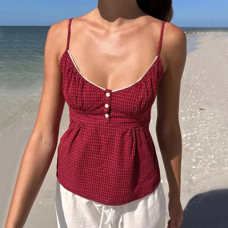 

Women's Buttons Placket Cami Peplum Top In Plaid three-button waistband vest