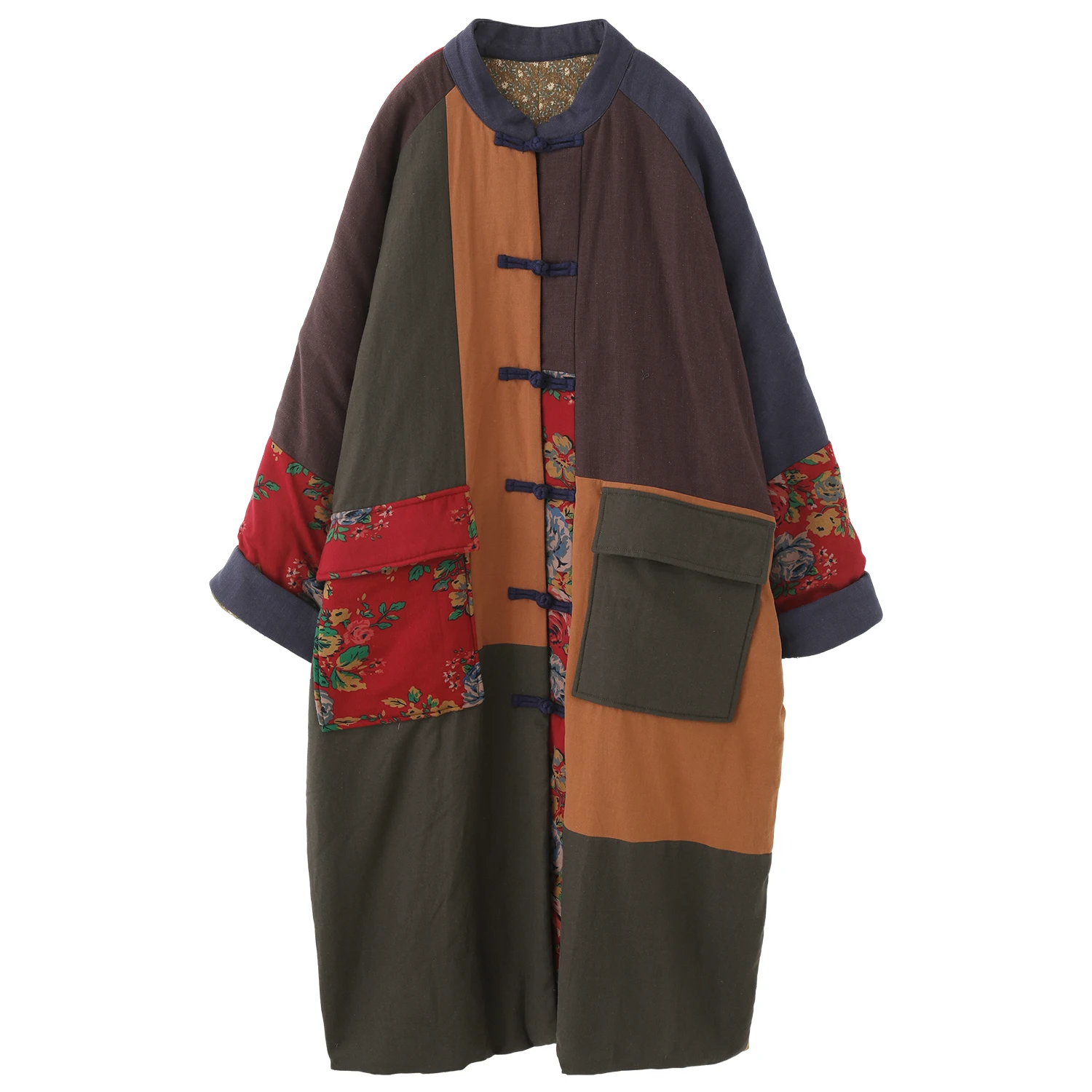 

LZJN Women's Patchwork Chinese-Style Distressed Long Cotton Jacket – Loose-Fit with Large Pockets, Warm & Fashionable Outerwear