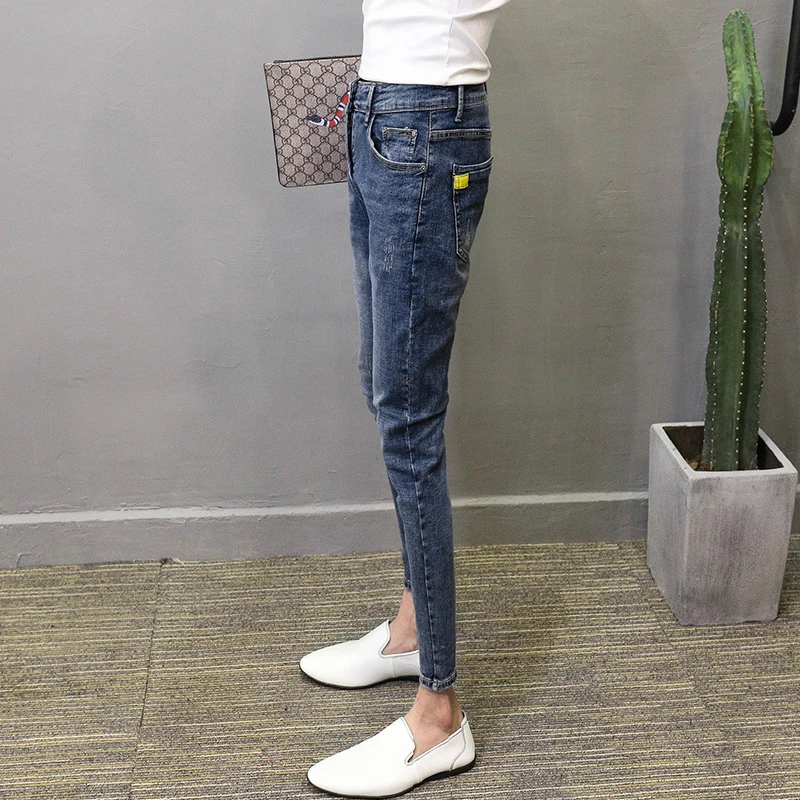 

Trendy Slim Fit Stretchy Nine-Piece Jeans Men's Korean Style Fashionable Youthful Tight Pants Casual Low Waist Zipper