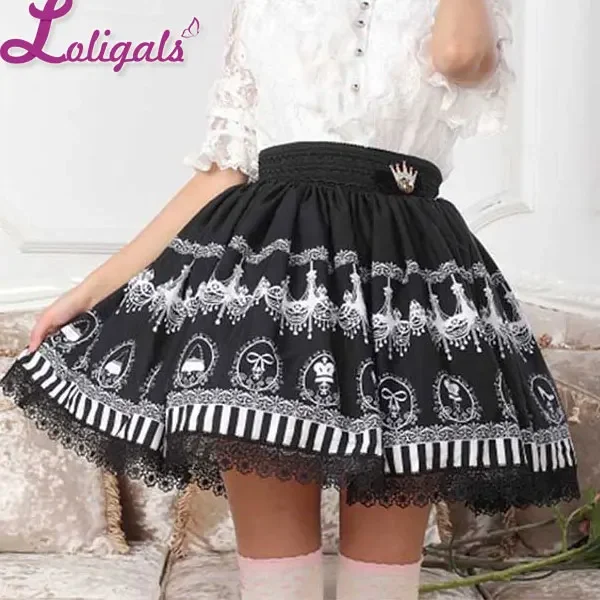 Black Chandelier Printed Fairy Tale Themed Lady's Pleated Lolita Skirt Free Shipping