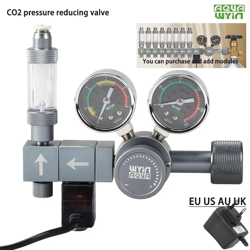

Aquarium CO2 regulator CO2 pressure reducing valve bubble meter solenoid valve CO2 control bipolar pressure regulating 100-240V