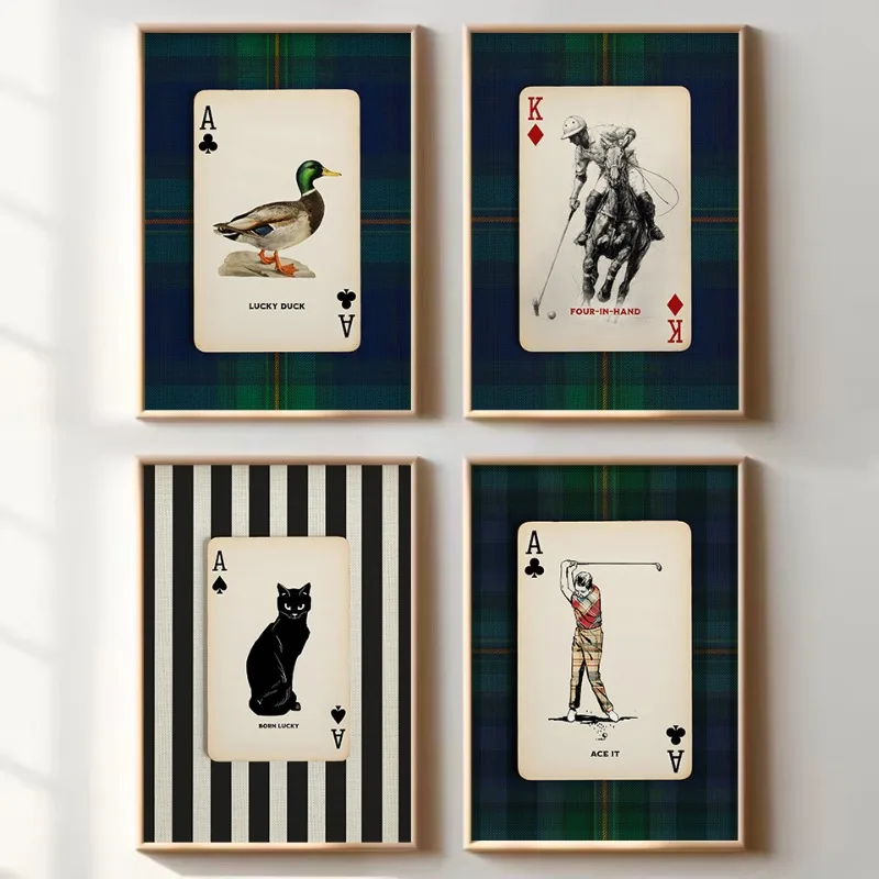 （2D Canvas painting） Vintage Mallard Duck Western Cowboy Black Cat Playing Card Lucky Ace Poker Poster Canvas Painting Wall A