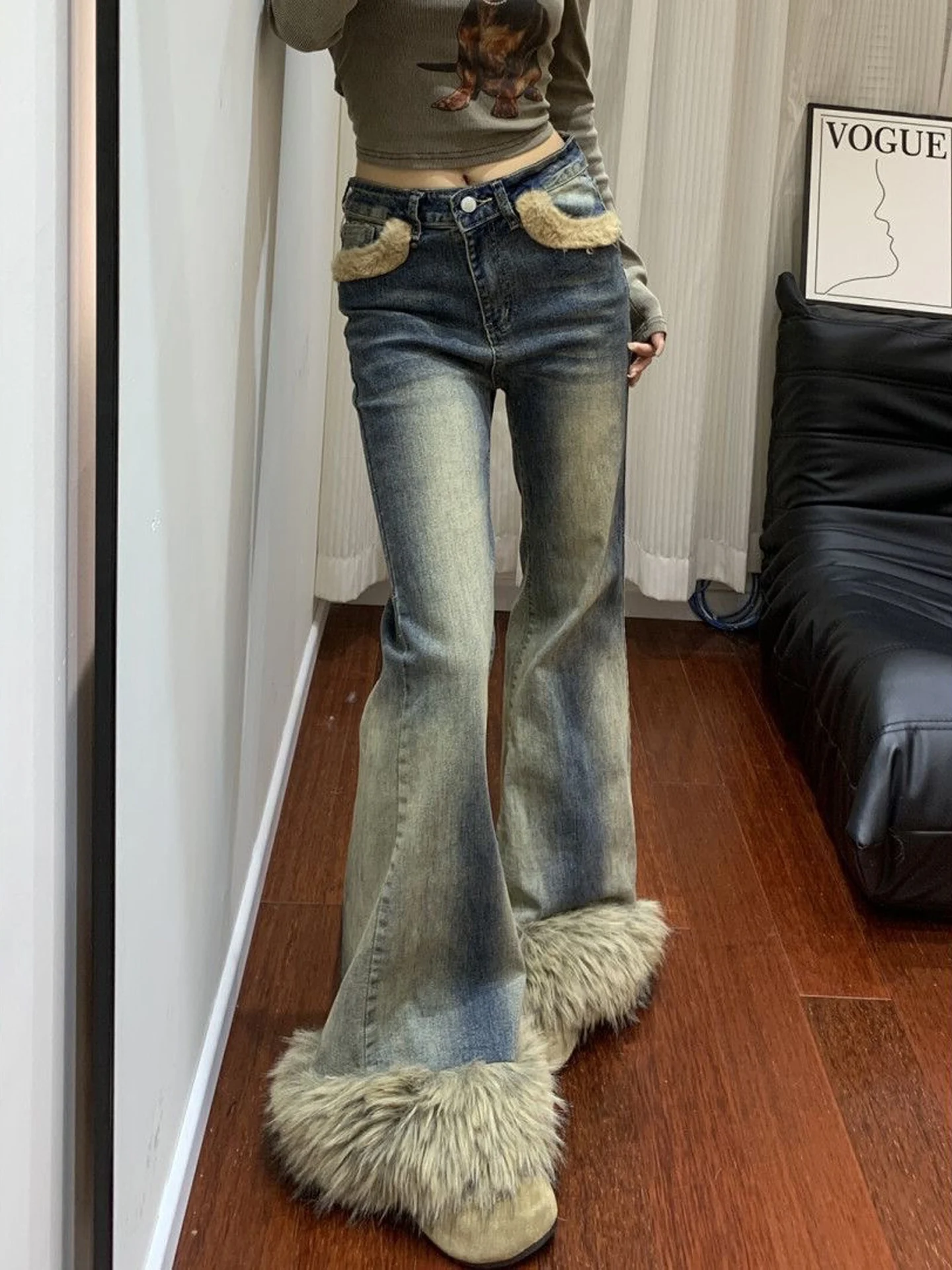 Jeans - American Style Retro Fashionable Spliced Fur