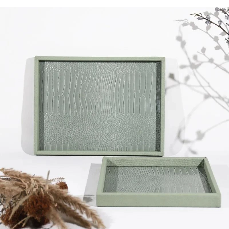 European light luxury green leather living room home trays decoration Hotel villa aromatherapy storage tray jewelry