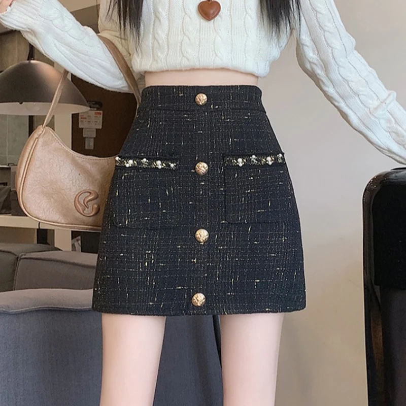 Woolen Tweed Skirts Women Elegant Mini Skirt Harajuku Slim Office Lady Pockets Golden Buttons Pencil Skirt Autumn Winter