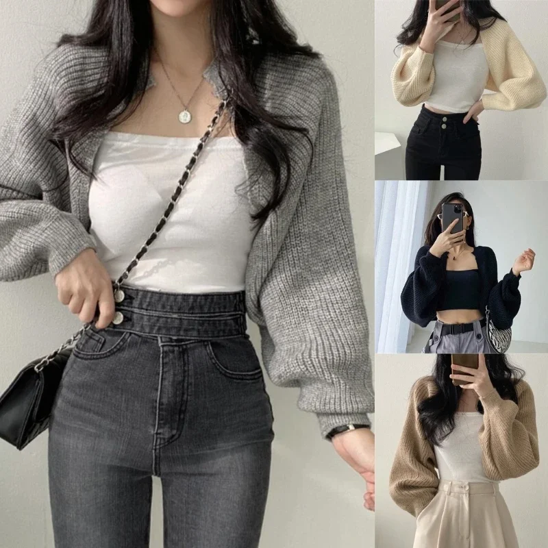 Women's Fall Open Front Shrugs Long Sleeve Boleros Solid Lightweight Knitted Cropped Cardigan Sweaters Short Shawl Tops