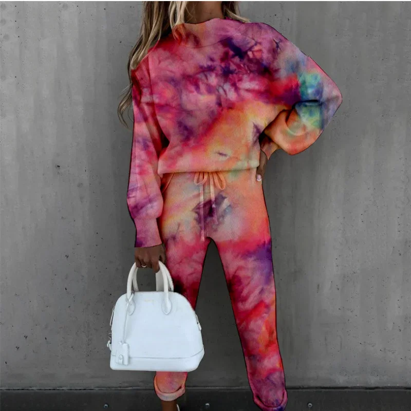 New European and N Women\'s Dress Tie-dye Printing High-necked Long-sleeved Fashion Casual Suit