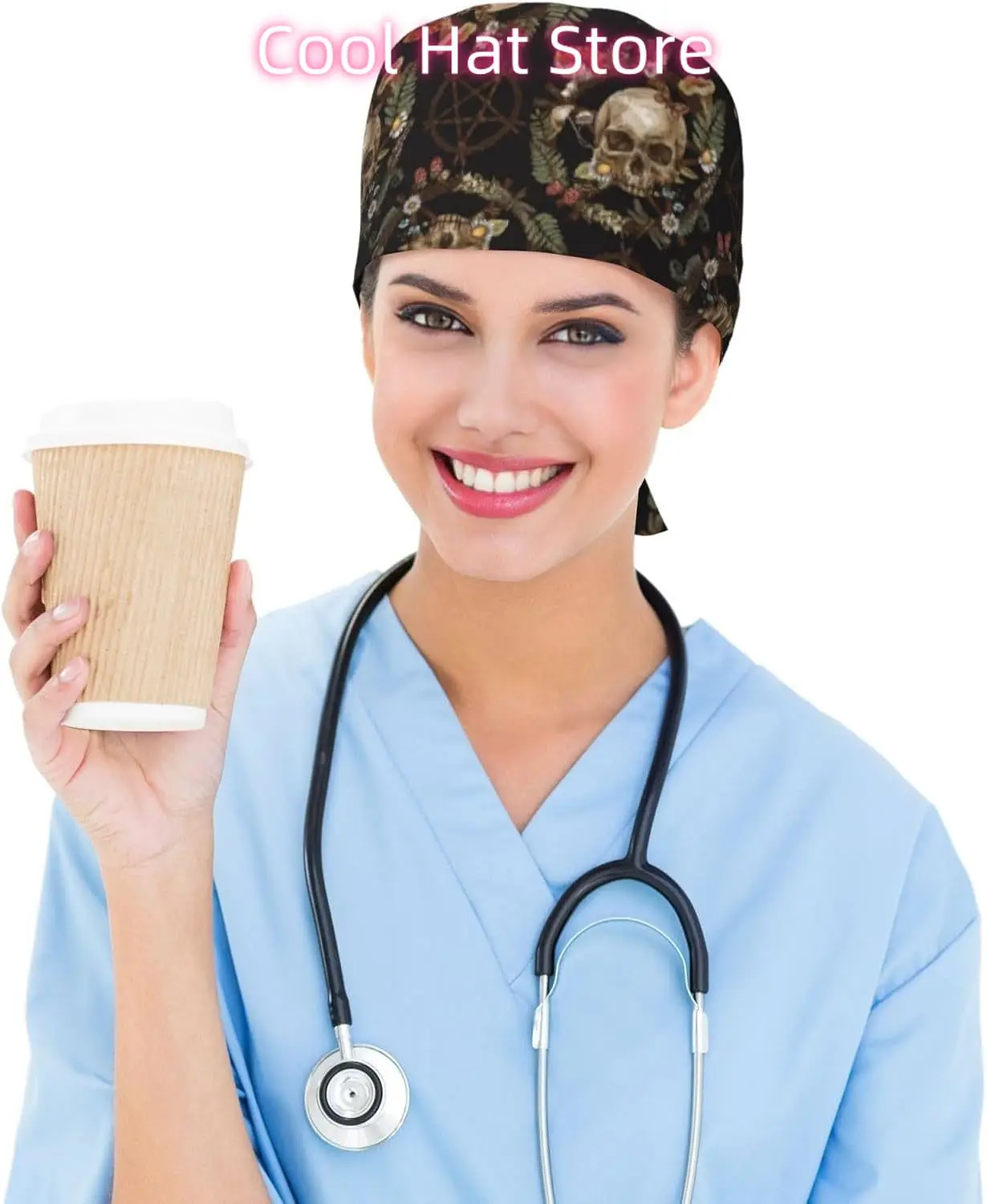 قبعة عمل Wicca Skull Mushroom مع عصابة رأس قابلة للتعديل للجنسين للنساء، قبعة ممرضة