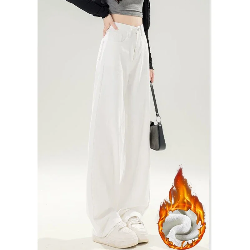 الشتاء الفتيات الصوف الحراري عالية الخصر الجينز الإناث الثلوج الدافئة أفخم الدنيم السراويل سيدة عادية اليومية مستقيم الساق السراويل