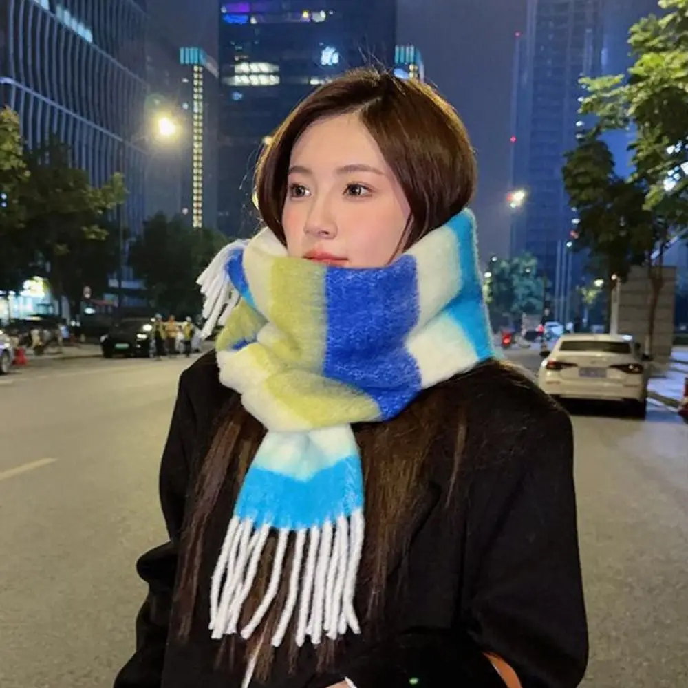 Fashion Colorful Stripe Mohair Shawl Korean Style Coldproof Long Tassel Scarf Thicken Neckerchief Winter Wool Scarves Men