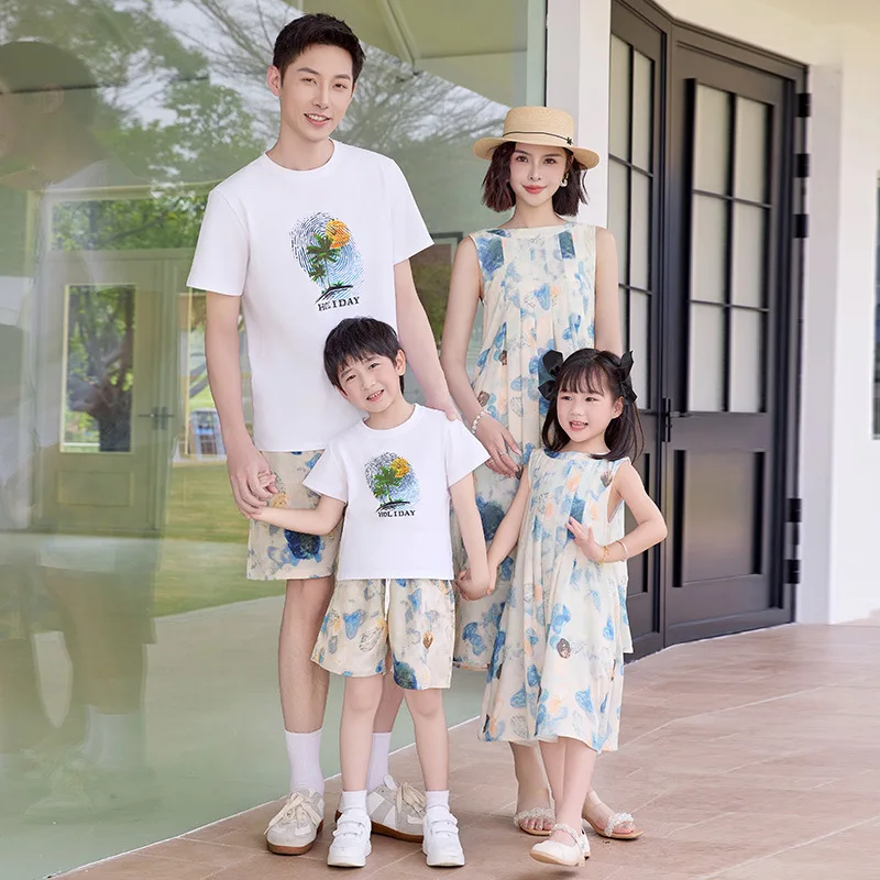 Vacation Family Couple Matching Outfits Parent-child Siblings Clothes Dad and Son Tops Shorts Sets Korean Mom and Daughter Dress