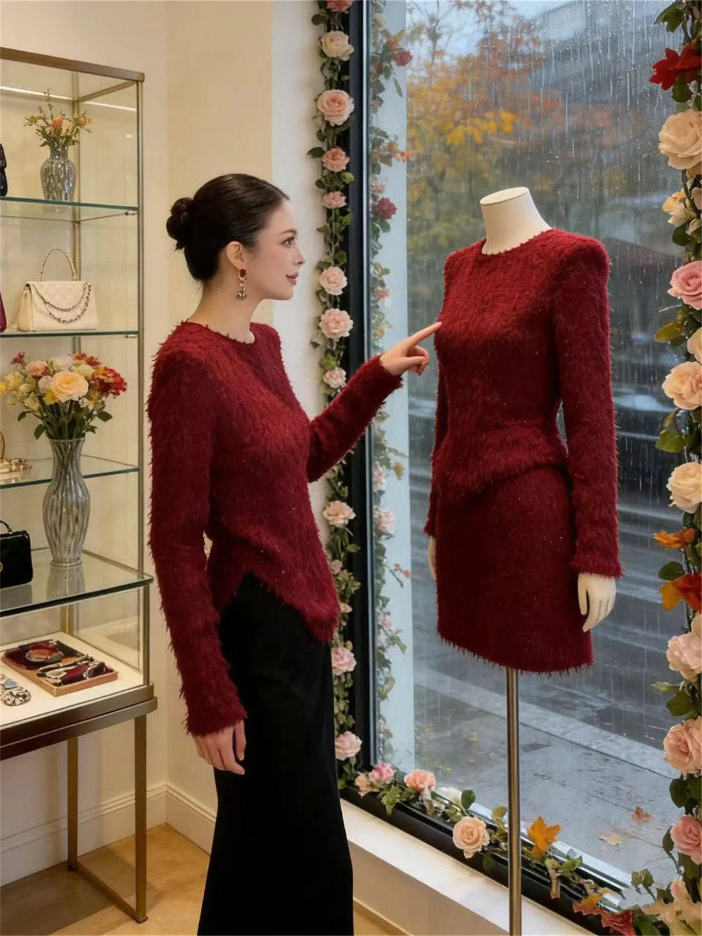 

Red round Ne Sparkling Knitted Sweater Women's Spring Faion Comfortable Lazy Sle Velve Soft Knitwear Easy to Wear