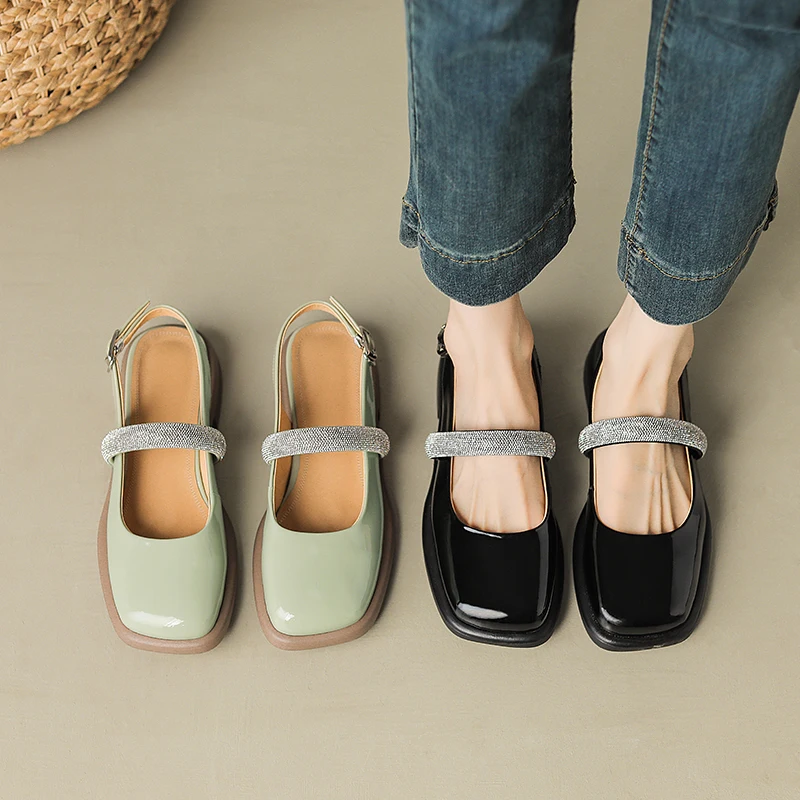 2024 New Summer Women Shoes Square Toe Flat with Women Sandals Leather Mary Janes Sandals Flat Mules