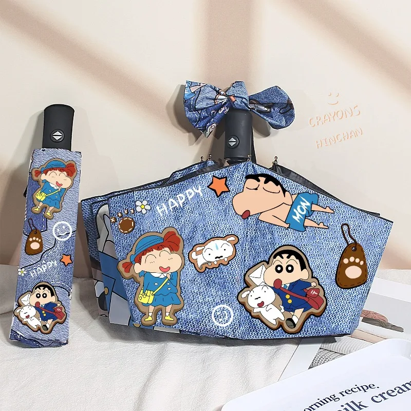 

Crayon Shin-chan Denim Fully Automatic Folding Umbrella Kawaii Cartoon Sunny or Rainy Anti-UV Parasol Student Sun Umbrella Gift
