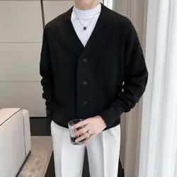 Men Korean Fashion Minimalist Business Casual Single Breasted Knitted Cardigan Vintage British V Neck Long Sleeve Sweater Coats