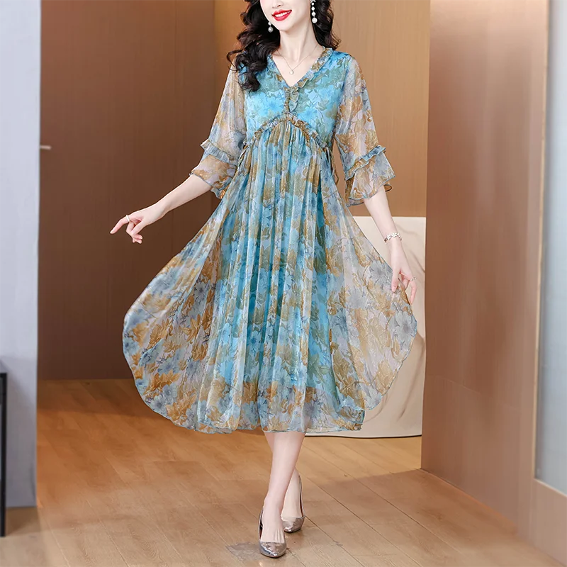 2025 vestido Midi bohemio de lujo para playa, Vestidos informales elegantes para fiesta nocturna, Vestidos ceñidos Vintage de gasa para vacaciones de verano para mujer