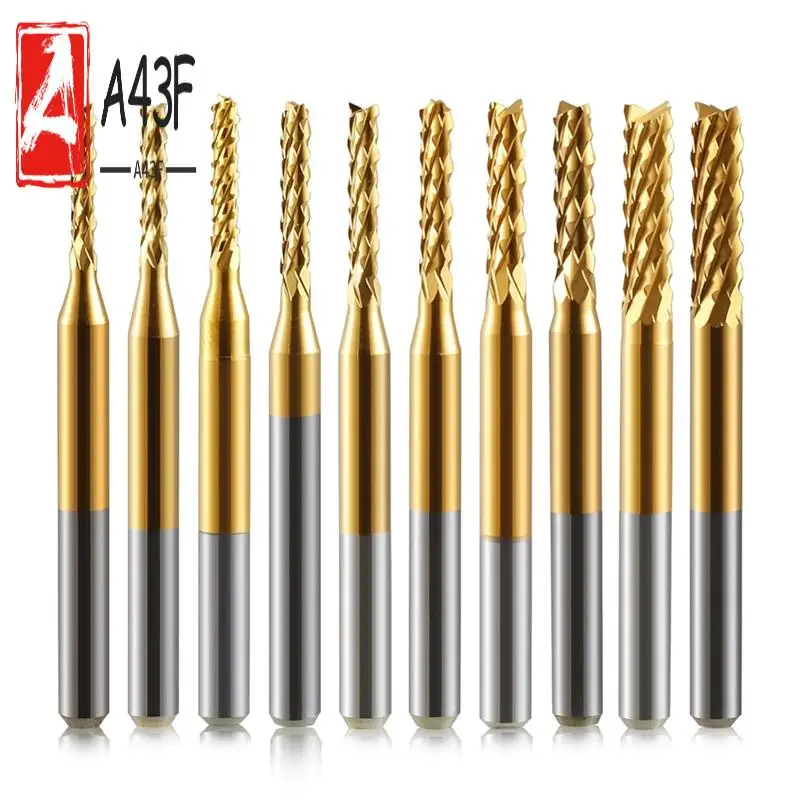 

Наборы концевых фрез A43F, 10 шт., концевая фреза с титановым покрытием, хвостовик 1/8 дюйма, 0,6-1,5 мм, концевая фреза микротипа, гравировальные биты, фрезы с ЧПУ