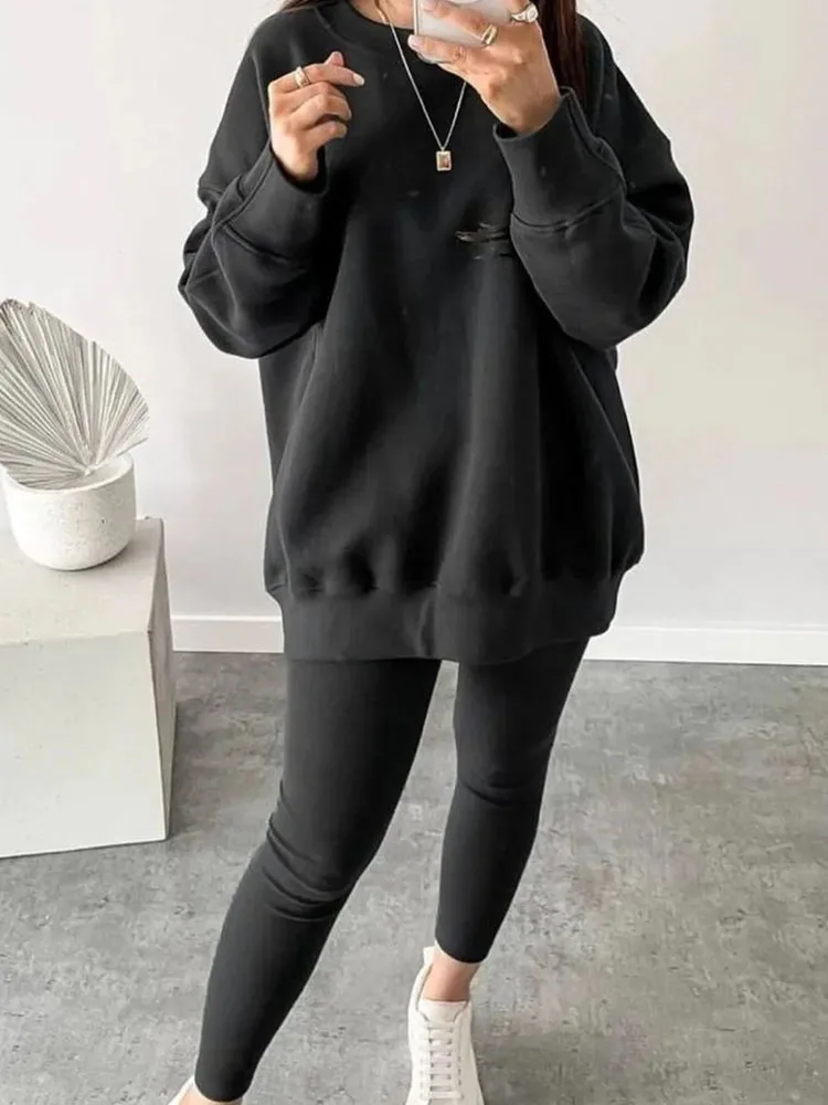 Setelan Olahraga Warna Solid Musim Gugur Musim Dingin Wanita Kasual, Atasan Sweatshirt Leher Bulat dan Celana Slim, Setelan 2 Potong Lengan Panjang