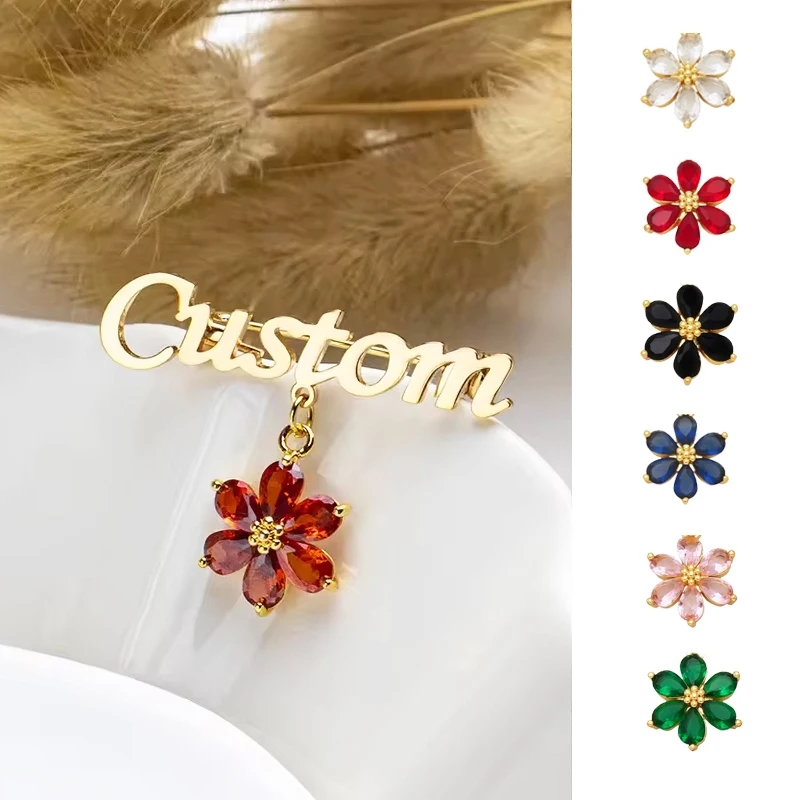 

Custom Name Flower Drop Brooch Personalized Stainless Steel Pin Custom Letter Nameplate Pin Stainless Steel Jewelry For Women
