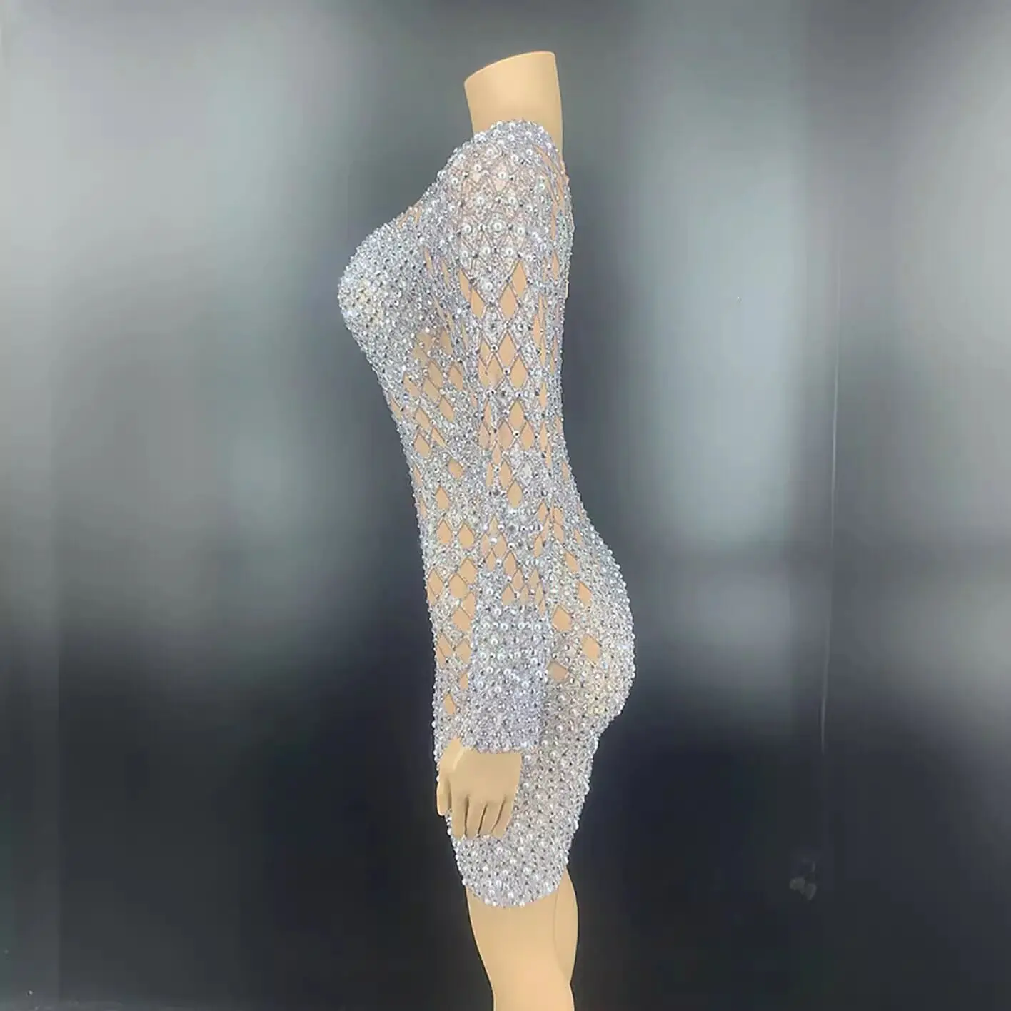 Sparkling Sexy Perspective Mesh Rhinestone Dress Cocktail Party Evening Dress Short Skirt Performance Dress Black Hemp