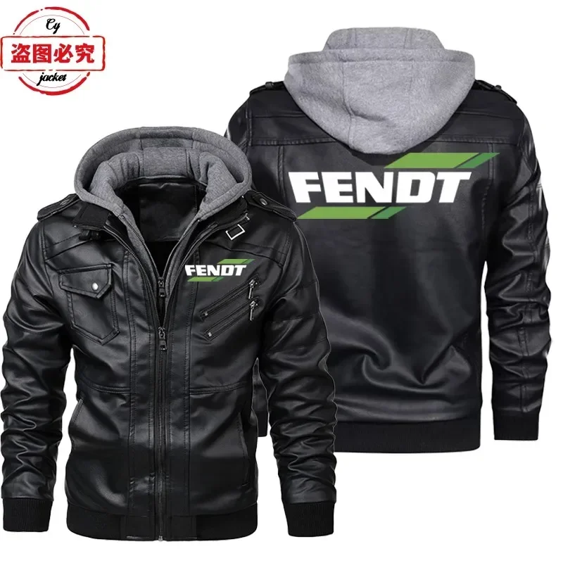 European Size Fendt Tractor Logo Printed Team Workwear Retro Washed PU Leather Windproof Warm Jacket Men's Hooded Leather Jacket