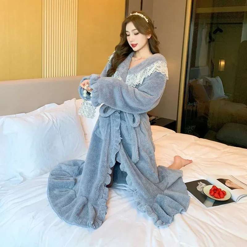 2023 Winter Long Sleeve Thick Warm Flannel Kimono Robes for Women Cute Lace Bathrobes Sleepwear Bath Robe Nightdress Night Dress