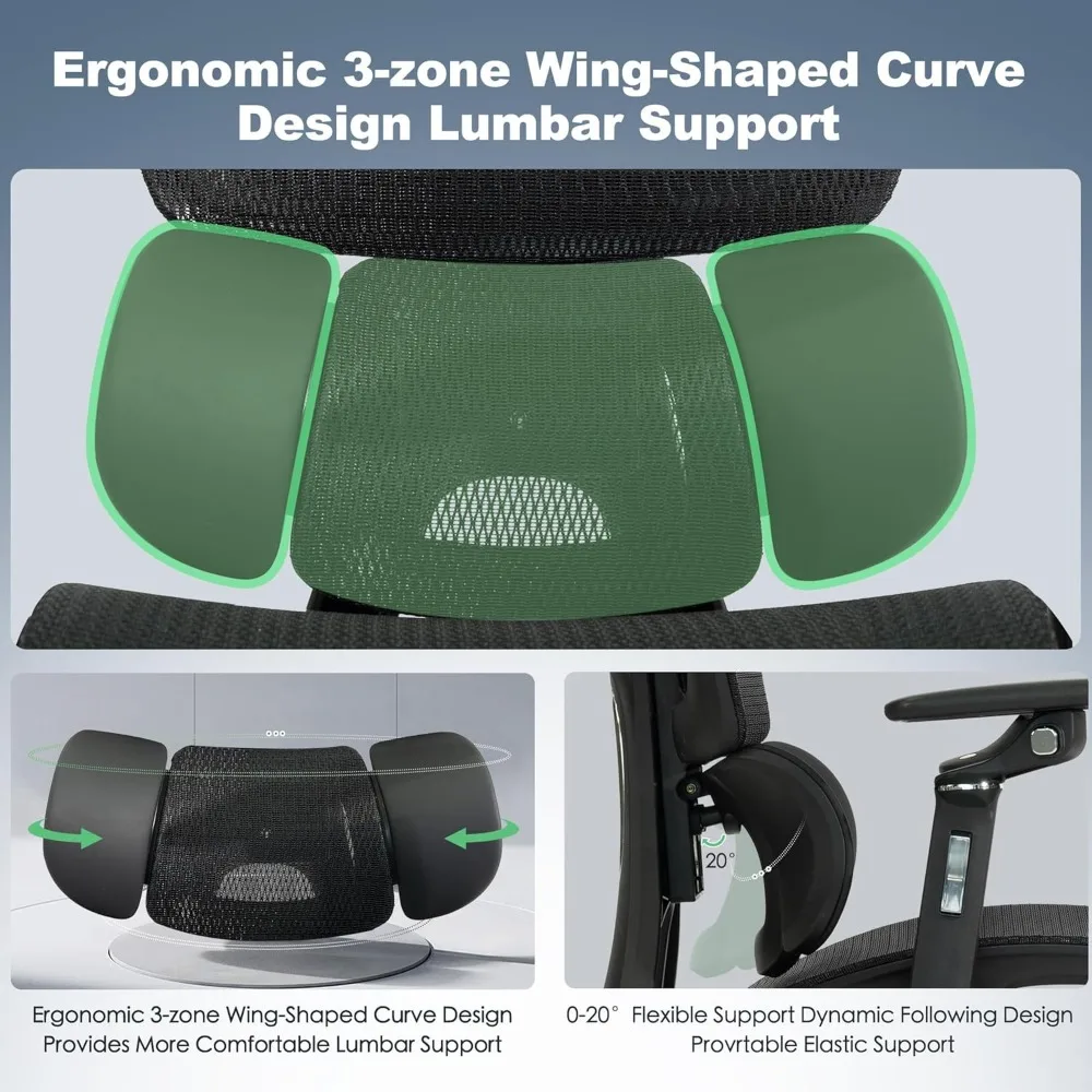 كرسي مكتب وألعاب شبكي مريح مع مسند للقدمين، كرسي مكتب منزلي عالي الظهر، دعم قطني مريح، 130 °   إمالة، Adj