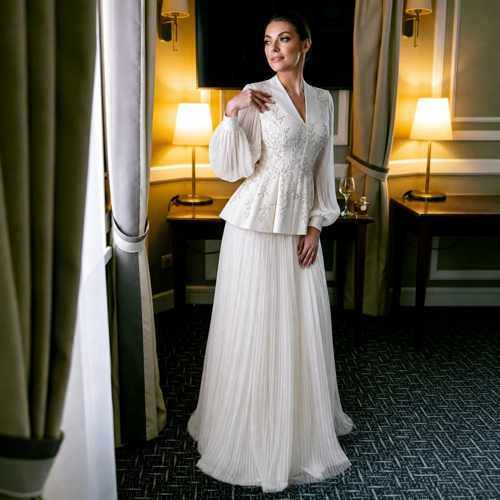 Modest A Line Pleated Bridal Gowns Beading Jacket Top Two Pieces Tulle Skirt Ivory Long Bishop Sleeves Customized Wedding Dress